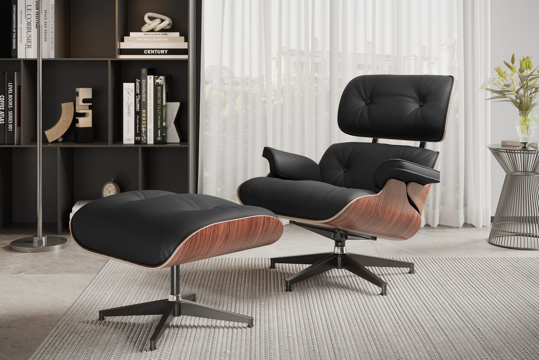 Valencia Armoni Eames Replica, Top Calidad de Piel Lounge Chair & Ottoman, Negro