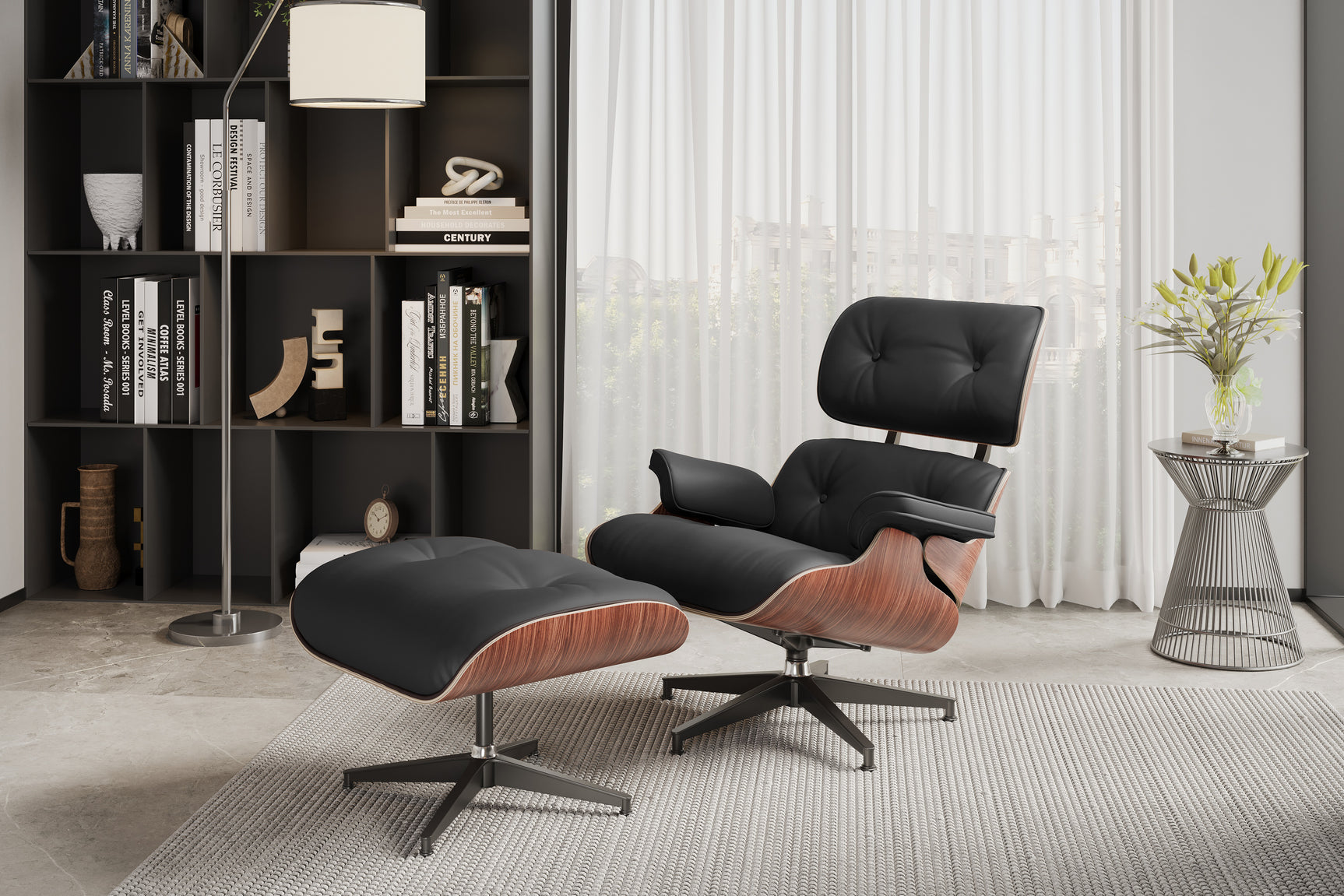 Valencia Armoni Eames Replica, Top Calidad de Piel Lounge Chair & Ottoman, Negro