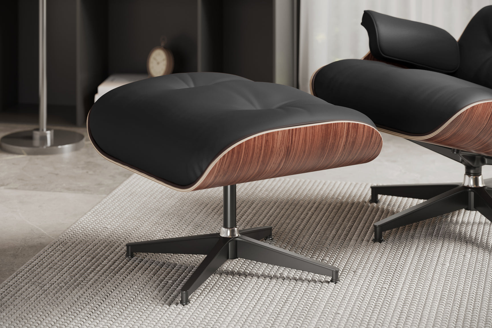 Valencia Armoni Eames Replica, Top Calidad de Piel Lounge Chair & Ottoman, Negro
