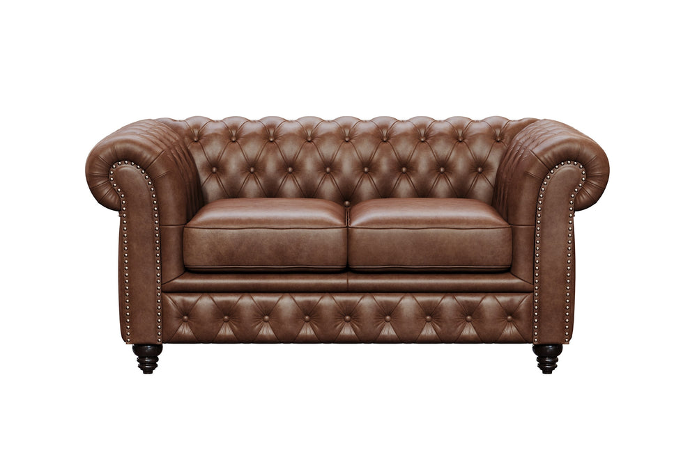 In a White Background, There is Straight Angle Front View of A Luxurious, Dark Chocolate, Parma 64" Top Grain Leather Chesterfield Loveseat Sofa.