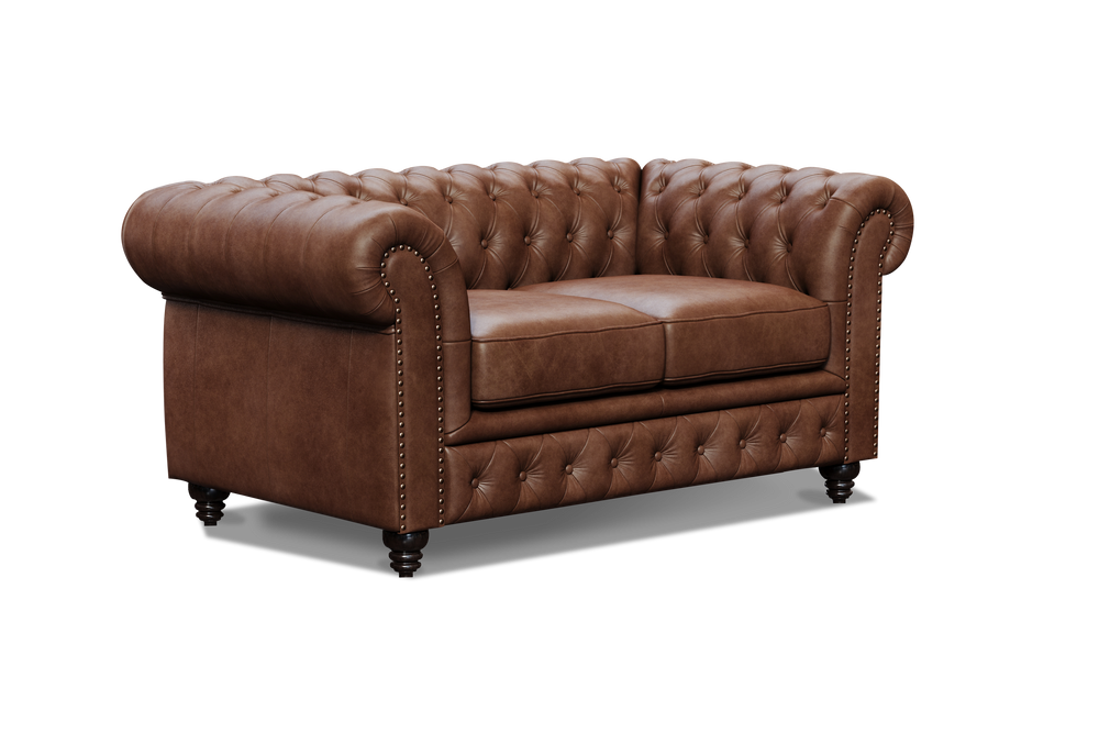 Left Acute Angle Front View of A Luxurious, Dark Chocolate, Parma 64" Top Grain Leather Chesterfield Loveseat Sofa.