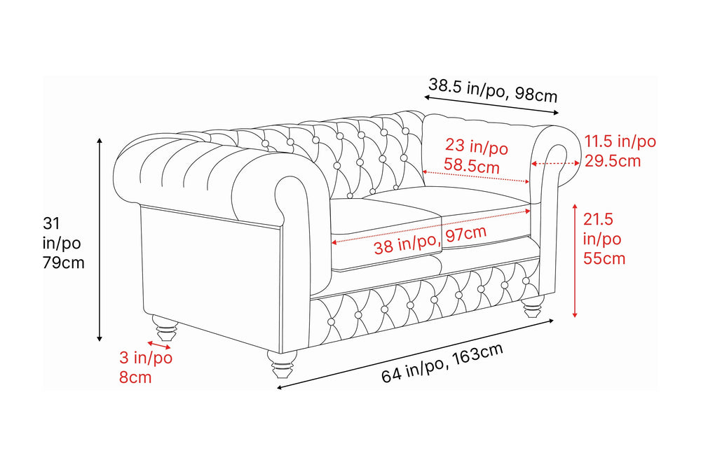 Dimension of A Luxurious, Dark Chocolate, Parma 64" Top Grain Leather Chesterfield Loveseat Sofa, Overall Height 31" Inches / 79CM, Chair Wide 64" Inches / 163CM, Overall Depth 38.5" Inches / 98 CM, Double Seat Width 38" Inches / 97CM, Seat to Bottom Height 21.5" Inches / 55CM.